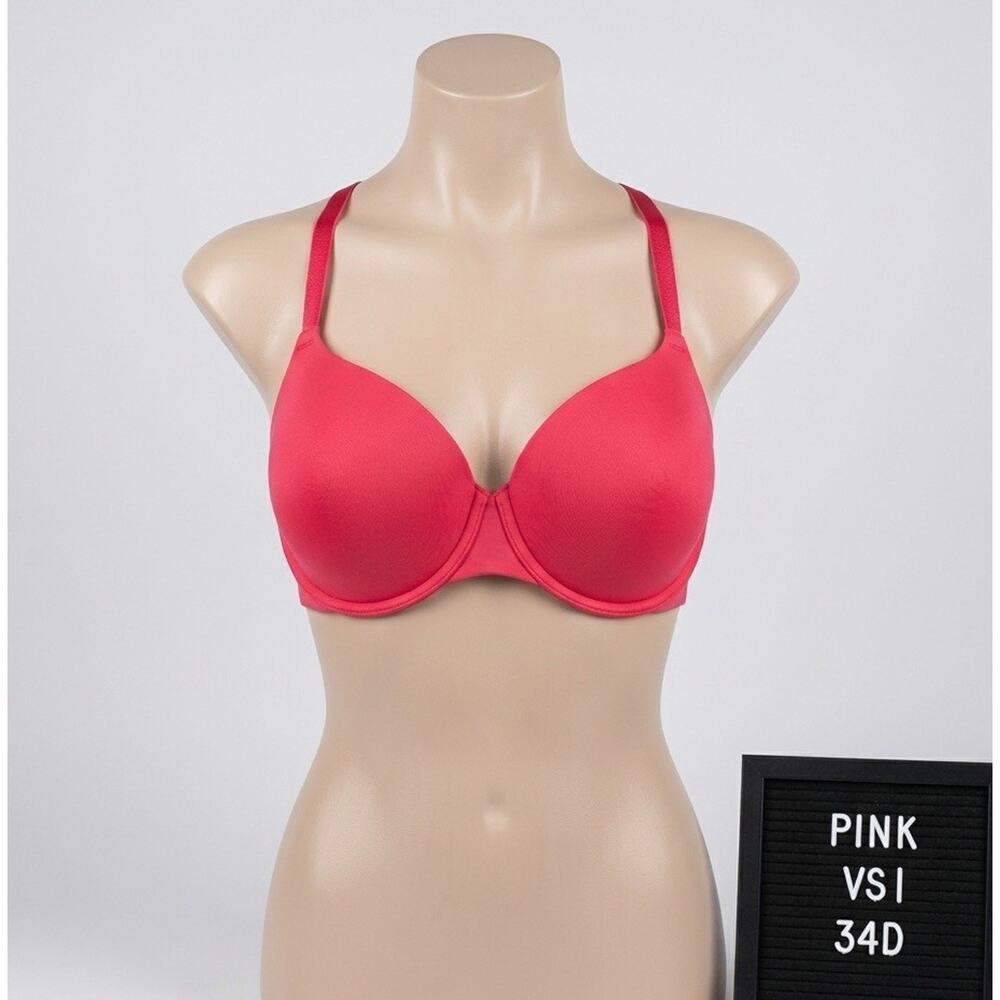 PINK Victoria's Secret 34D Bra Solid Red Wear Everywhere T-Shirt Lightly Lined